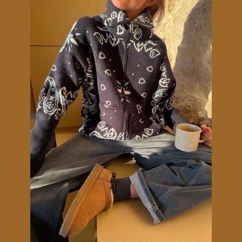 Casual Jacquard Cardigan for Women Loose Stand Collar Zipper Pockets All-match Female Sweater  Spring Thick Warm Knitwear
