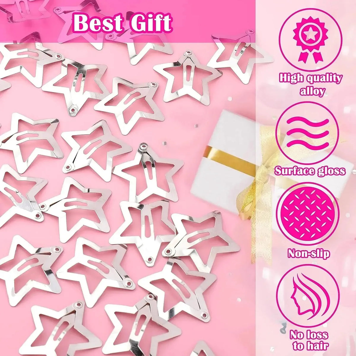 Silver Star Hair Clips Set for Girls -  Metal Snap Barrettes with Shiny Jewel Hair Grips Fashionable Hair Accessories