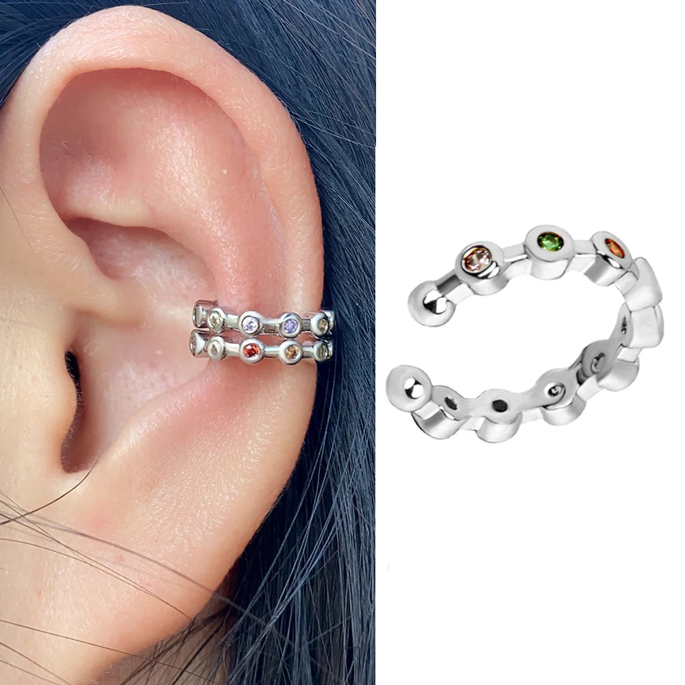 1Piece Geometry Rainbow CZ Cuff Wrap Clip On Earrings Women Girls Climber Ear Cartilage Bone Clips Fake Earring Non Piercing