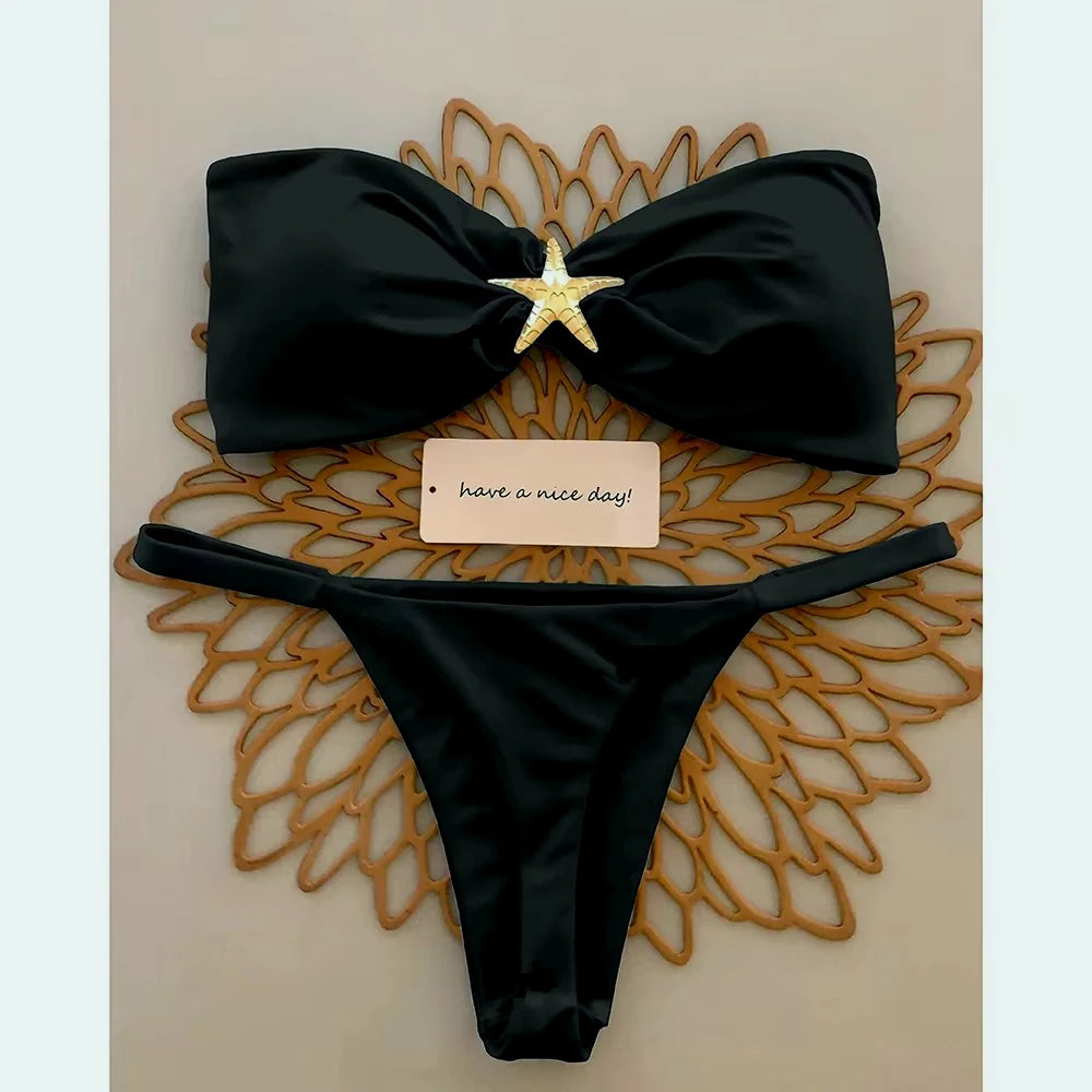 Sexy Bandeau Bikini Set  Women Sky Blue Starfish Ornament Push Up Thong Swimsuit Brazilian Beach Bathing Suit Micro Swimwear
