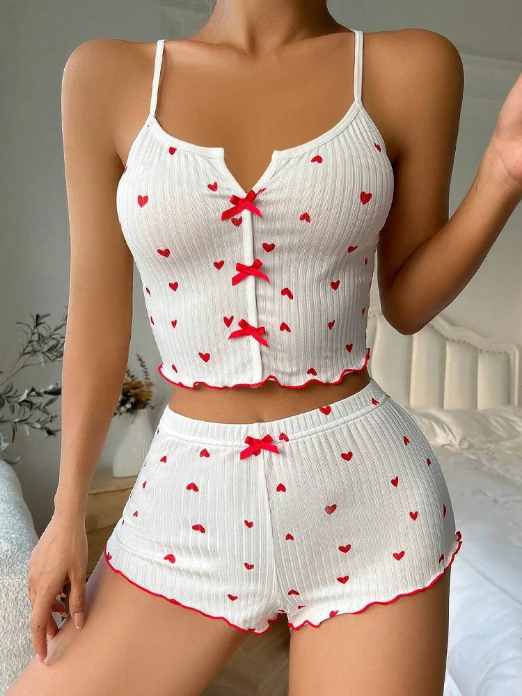 Silk Heart-Print Pajama Set – Cami Top & Shorts