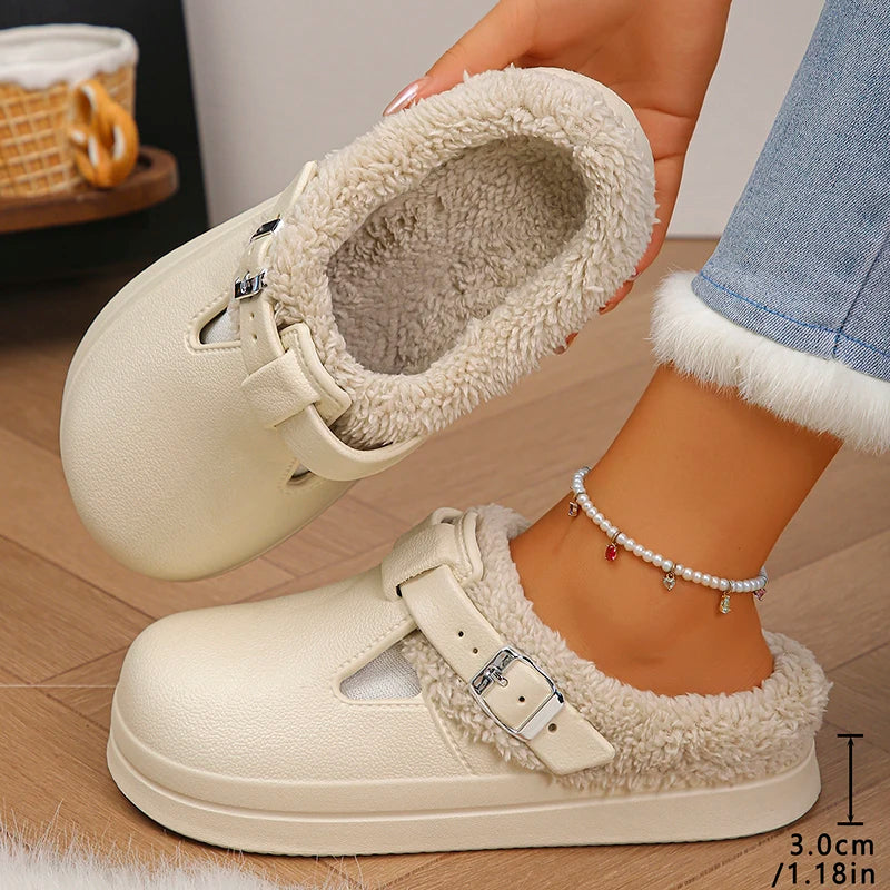 Winter Warm Fluffy Clogs Slippers Women Eva Waterproof Non