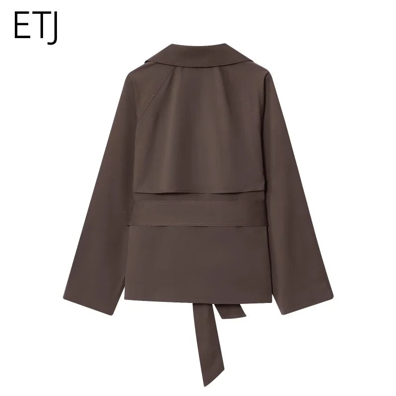 ETJ Autumn  new collection  women's British style lapel double-breasted Maillard color belt casual trench coat