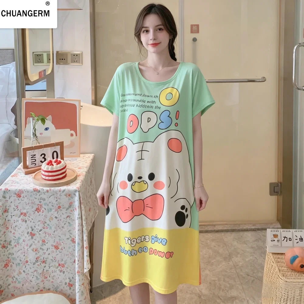 CHUANGERM Girls Women Cute Cartoon Short-Sleeved Pajama Dress Cool Comfortable Home Wear For Summer Autumn
