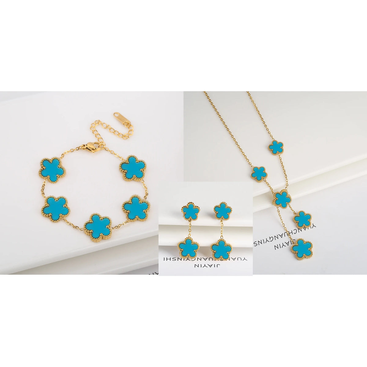 18K Gold Clover Jewelry Set – Necklace, Earrings & Bracelet