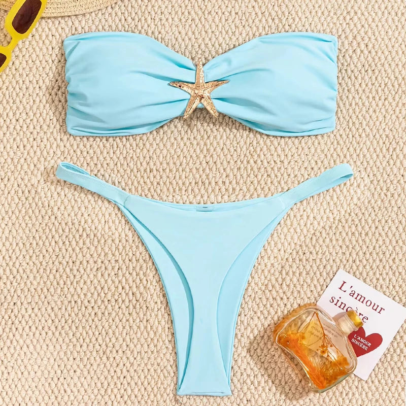 Sexy Bandeau Bikini Set  Women Sky Blue Starfish Ornament Push Up Thong Swimsuit Brazilian Beach Bathing Suit Micro Swimwear