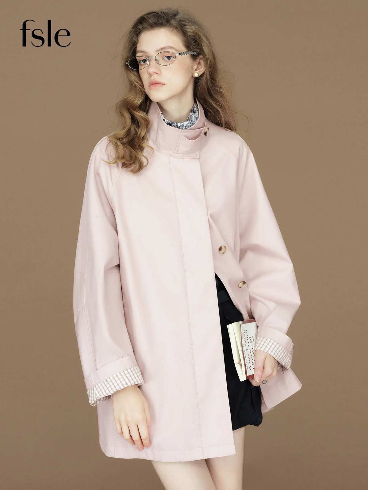FSLE  Womens British Trench Coat Contrast Cuff Stand Collar Heritage Workwear Style Pink Black Khaki Short Long Trench Coat