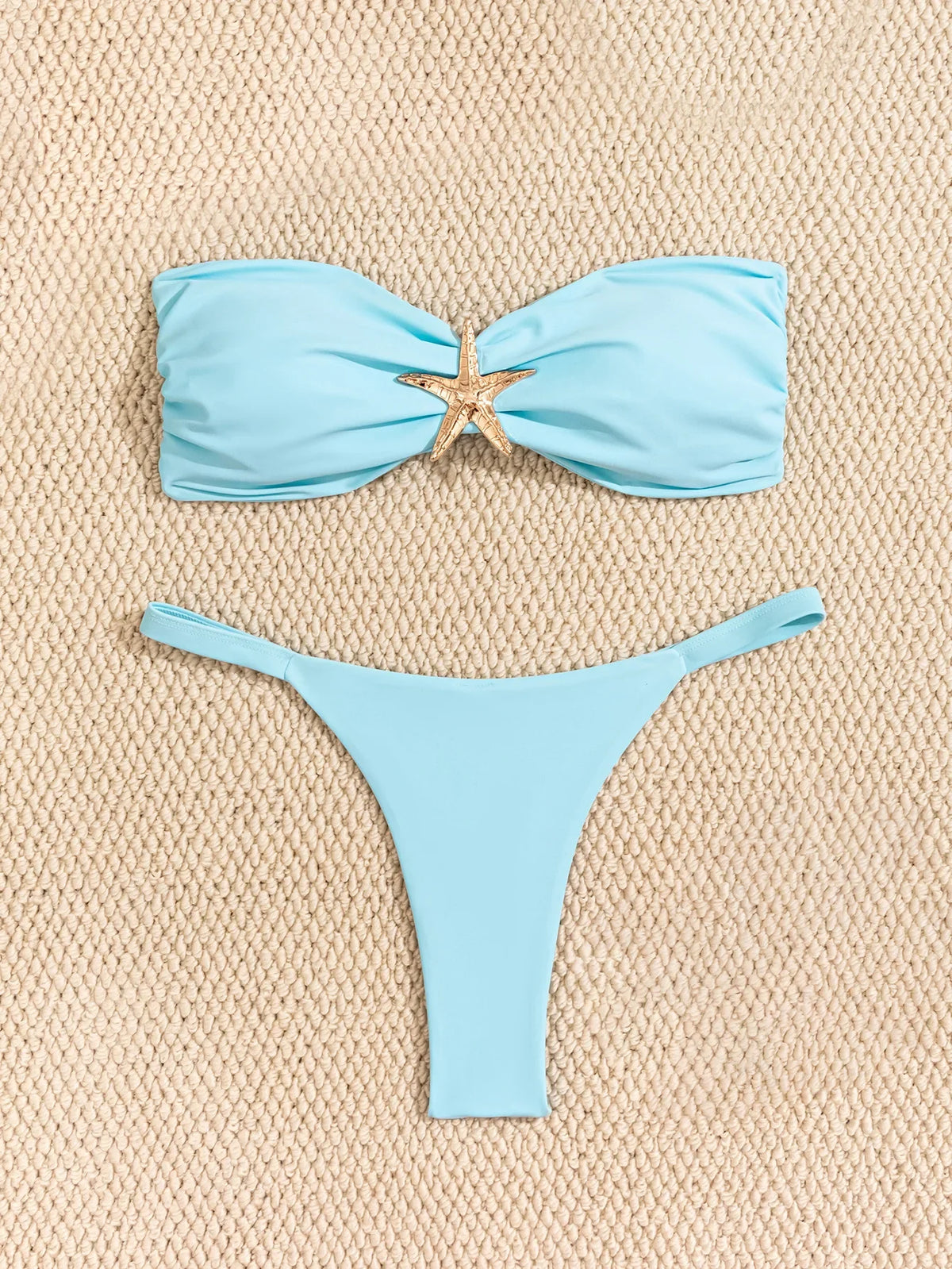 Sexy Bandeau Bikini Set  Women Sky Blue Starfish Ornament Push Up Thong Swimsuit Brazilian Beach Bathing Suit Micro Swimwear