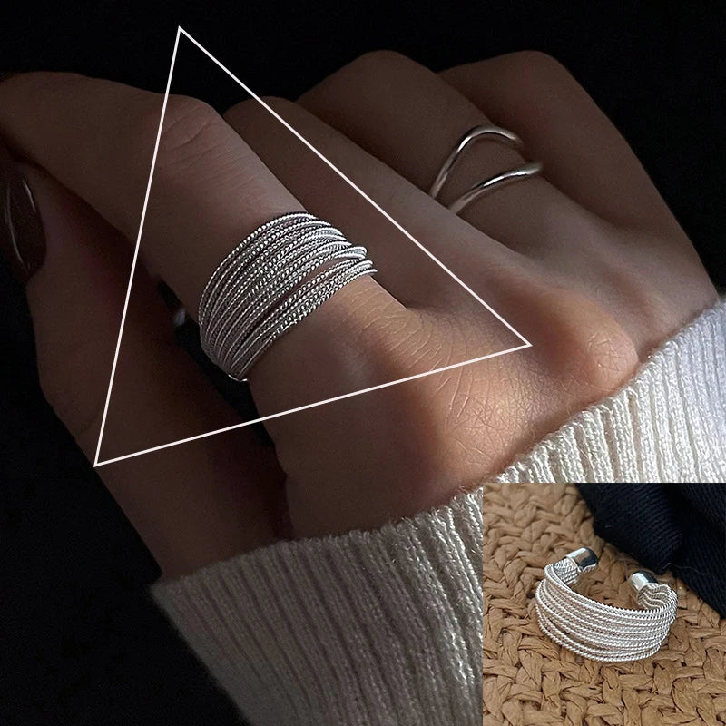 VENTFILLE 925 Sterling Silver Rings INS Fashion Hip Hop Vintage Couples Hollow Lines Punk Thai Silver Party Adjustable  Jewelry