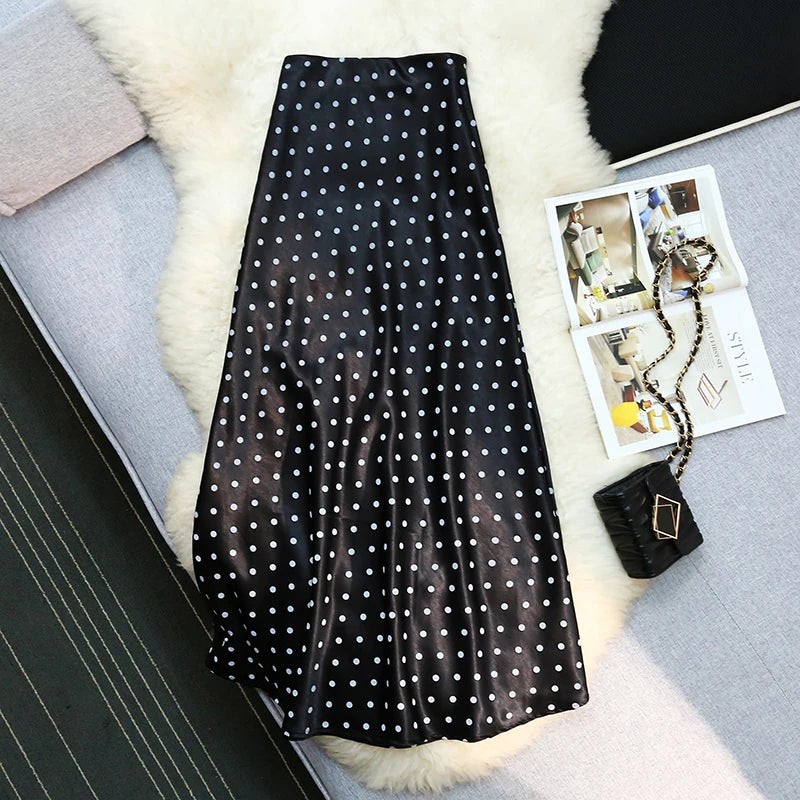Seoulish Vintage Polka Dot Satin Mermaid Skirts for Women  New Spring Summer High Waist Casual Mid Length Women's Skirts