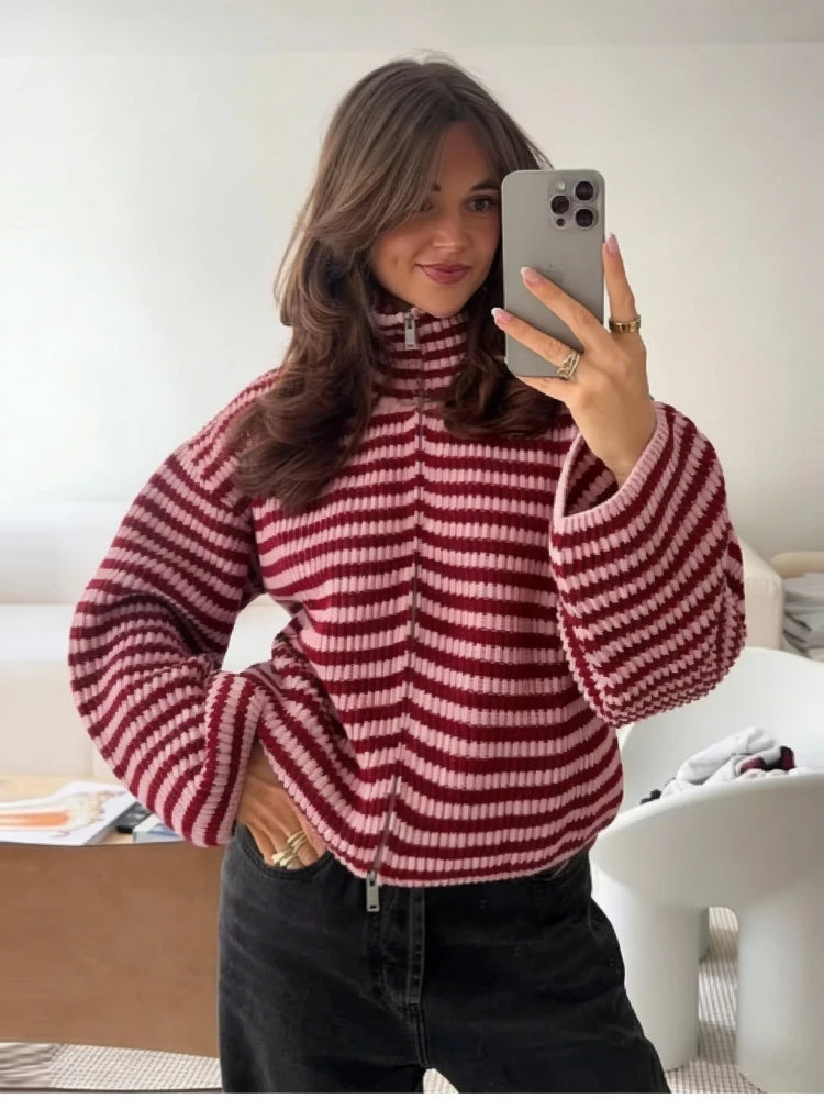New Spring Striped Loose Knit Cardigans Women Casual Turtleneck Zip-up Pink Sweater Coat Women Knitwear Streetwear