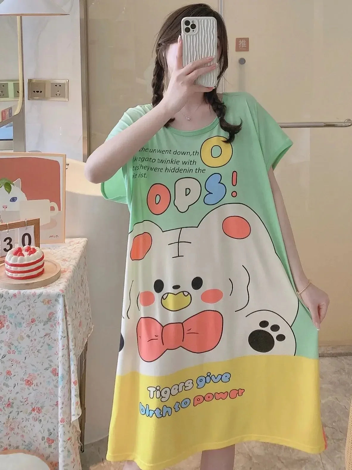 CHUANGERM Girls Women Cute Cartoon Short-Sleeved Pajama Dress Cool Comfortable Home Wear For Summer Autumn