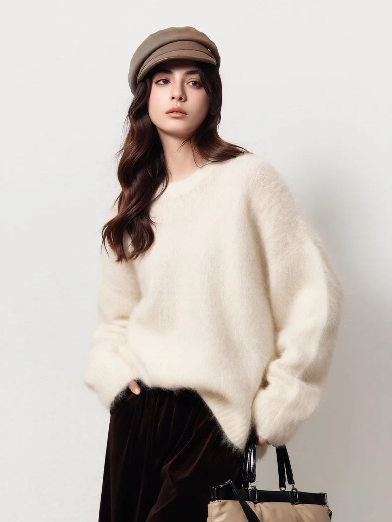 SuyaDream Warm Alpaca Pullovers for Woman, Dropped Sleeved Loose Sweaters, Brushed Wool Knit Sweater,  Fall Winter Top