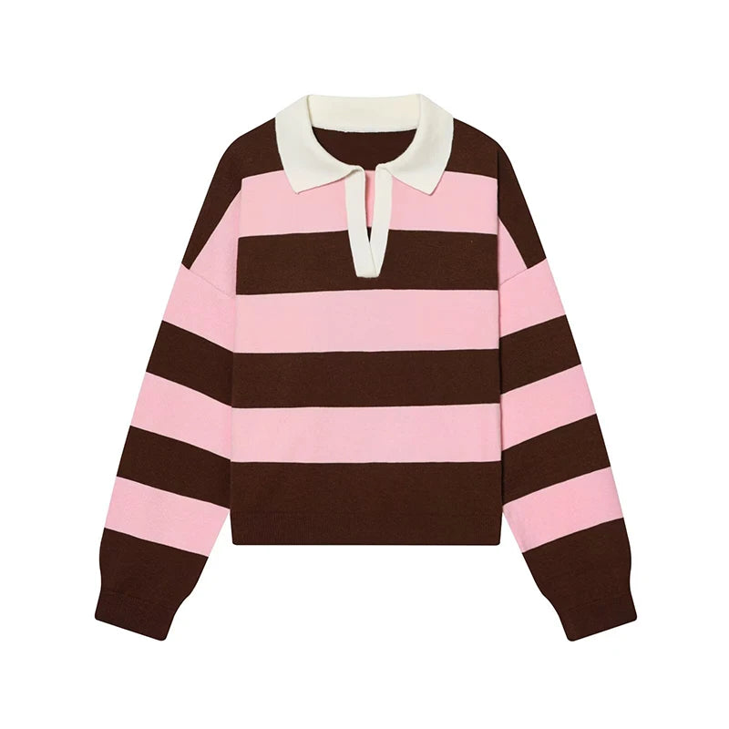 Autumn Women's  New Knitted Striped Sweater Polo Neck Pullover Autumn Fashion Loose Elegant Warm Young Women Sweater Street