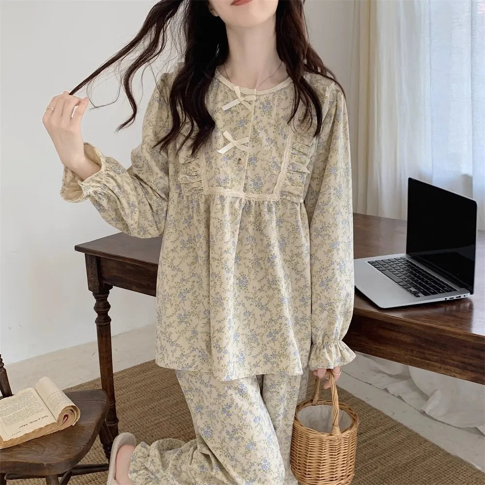 Women Plus Size Pajamas Garden Style Student Homewear Two-Piece Korean Version of the Bow Can Be Worn Outside Long-Sleeved Women
