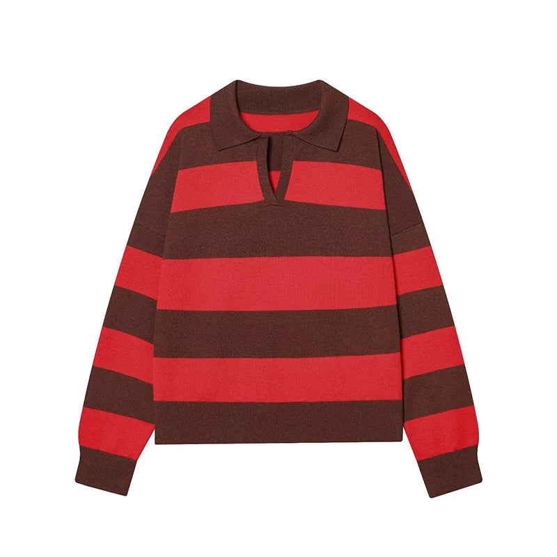 Autumn Women's  New Knitted Striped Sweater Polo Neck Pullover Autumn Fashion Loose Elegant Warm Young Women Sweater Street
