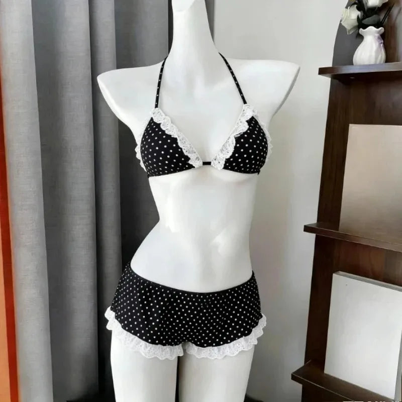 Japanese Style Kawaii Girls Swimsuit Sweet Printed Halter Bikini Swimsuit Women Ruffle Bikini Set Bather Bathing Suit Swim