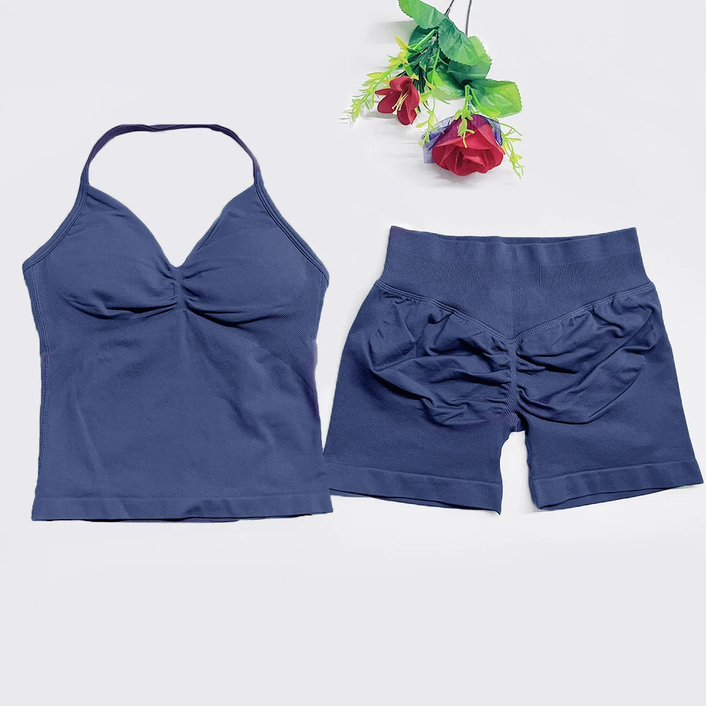 2Pcs Gym Set Yoga Longline Strappy Top and Seamless Scrunch Butt Lifting Short Workout Yoga Set Outfits