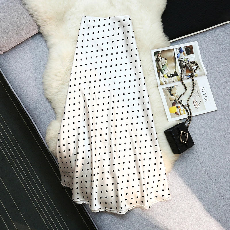 Seoulish Vintage Polka Dot Satin Mermaid Skirts for Women  New Spring Summer High Waist Casual Mid Length Women's Skirts
