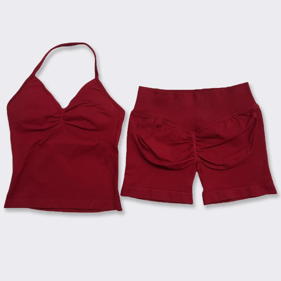 2Pcs Gym Set Yoga Longline Strappy Top and Seamless Scrunch Butt Lifting Short Workout Yoga Set Outfits