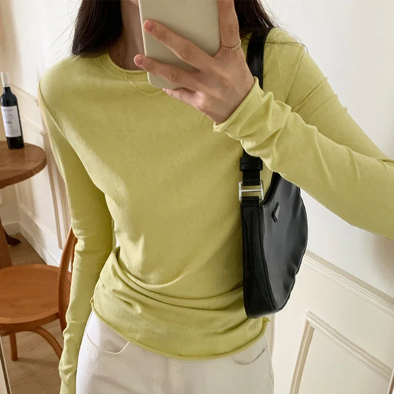 Spring T shirt Women Tops Solid Long Sleeve Ruched O Neck Tshirts Female Korean Casual Streetwear High Quality Base Tees