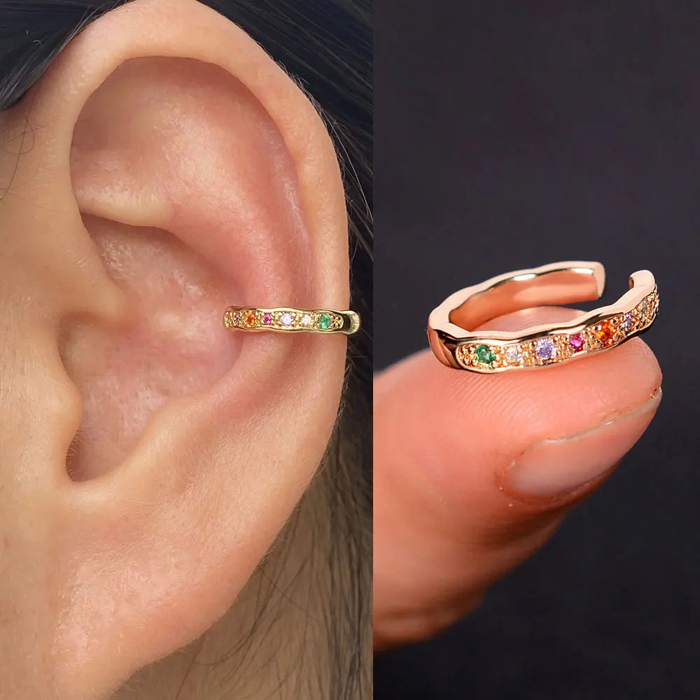 1Piece Geometry Rainbow CZ Cuff Wrap Clip On Earrings Women Girls Climber Ear Cartilage Bone Clips Fake Earring Non Piercing