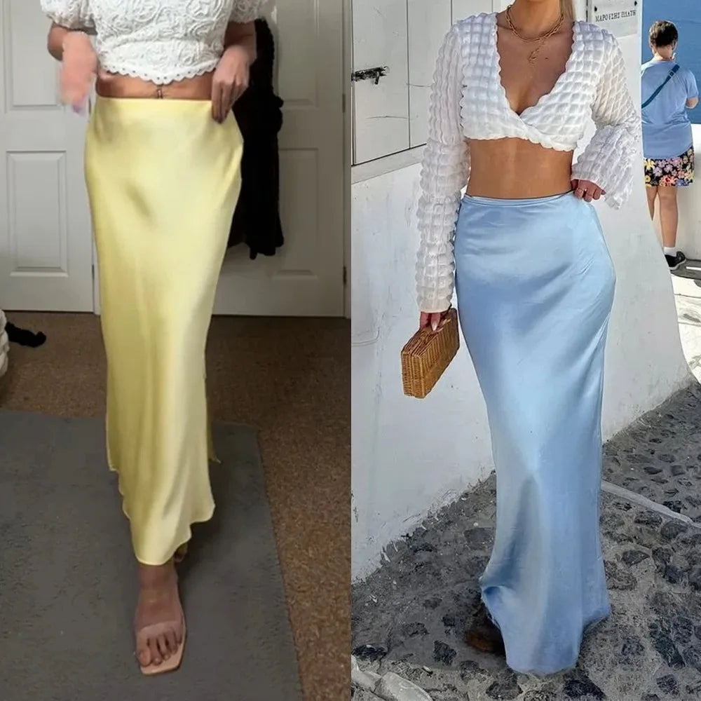 KONDALA Vintage Satin Solid Long Skirts Women High Waist Elastic Silky Skirts Fashion  Spring Elegant Straight Skirts