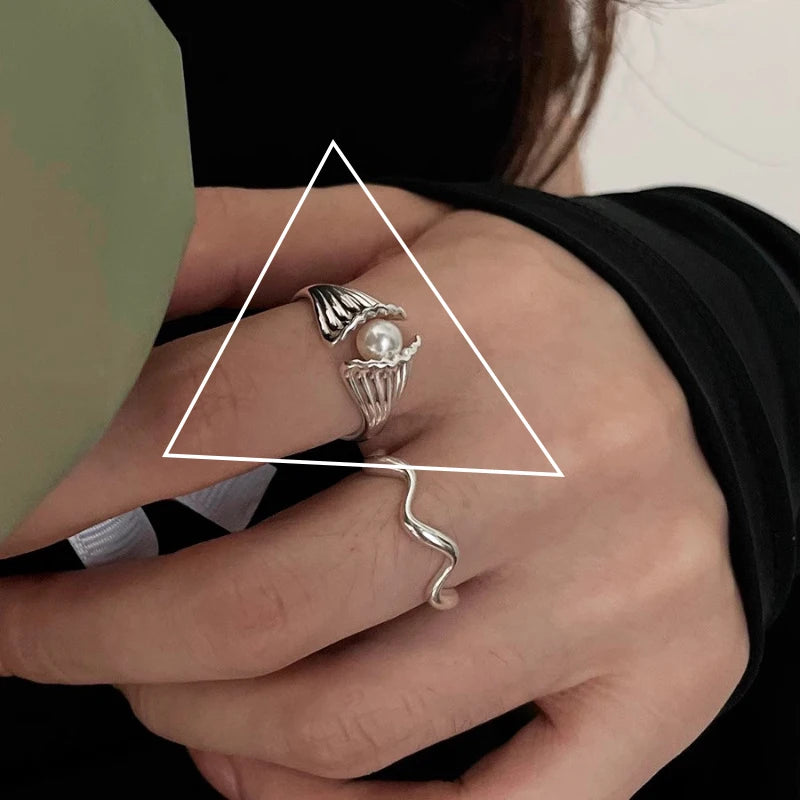 VENTFILLE 925 Sterling Silver Rings INS Fashion Hip Hop Vintage Couples Hollow Lines Punk Thai Silver Party Adjustable  Jewelry
