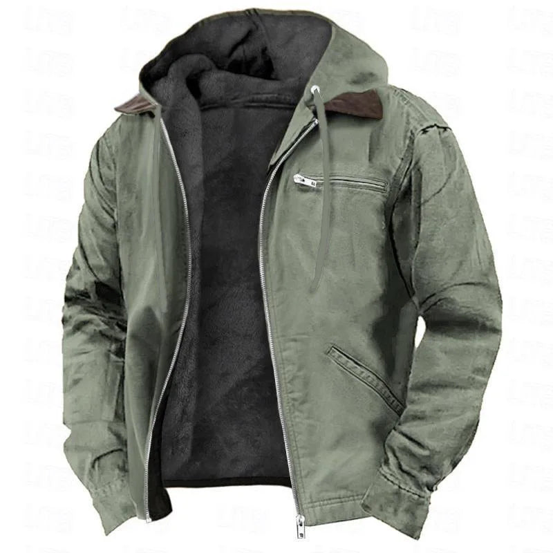 Men's Autumn Winter Casual Hooded Zipper Solid Fleece-lined Warm Jackets Male Multi Pockets Outdoor Hoodies Coats Outerwear