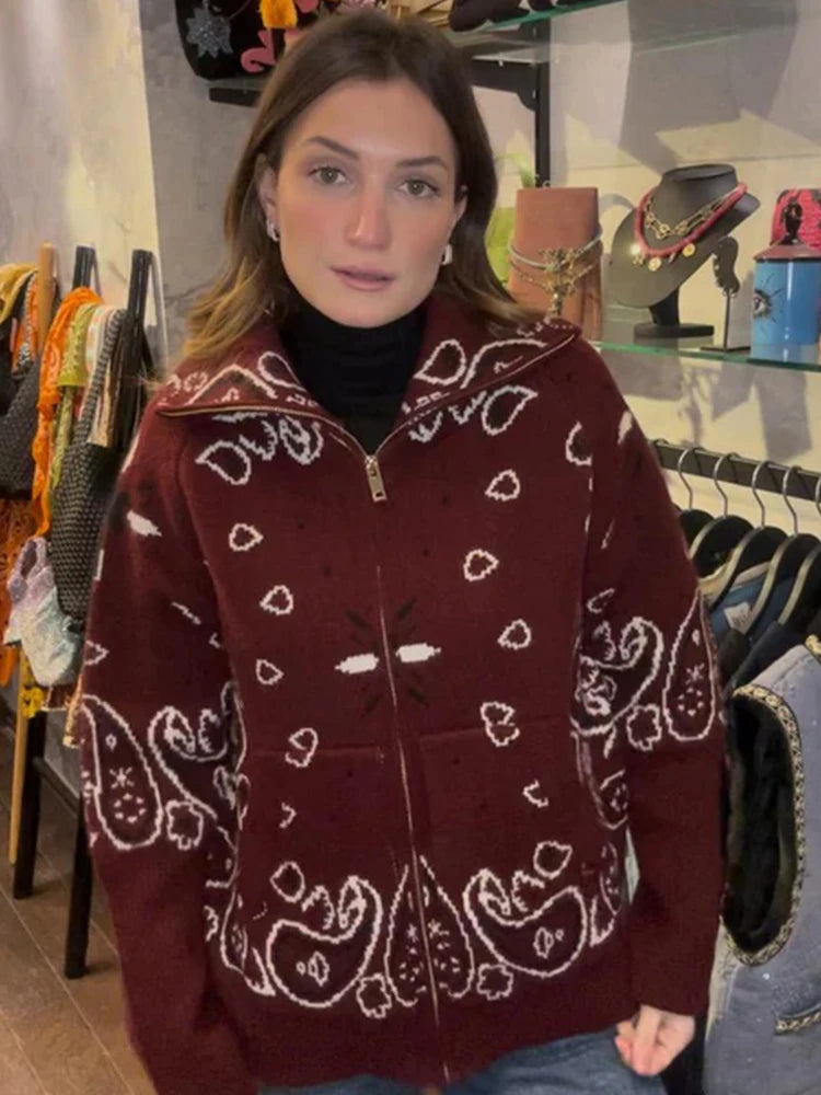 Casual Jacquard Cardigan for Women Loose Stand Collar Zipper Pockets All-match Female Sweater  Spring Thick Warm Knitwear