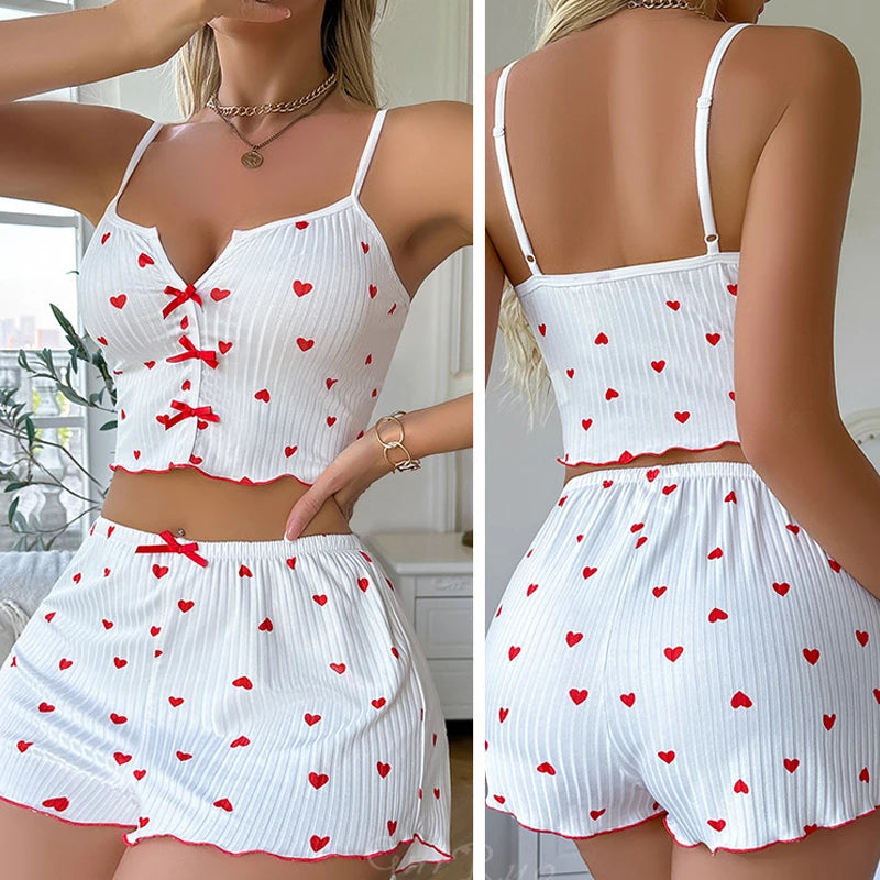 Silk Heart-Print Pajama Set – Cami Top & Shorts