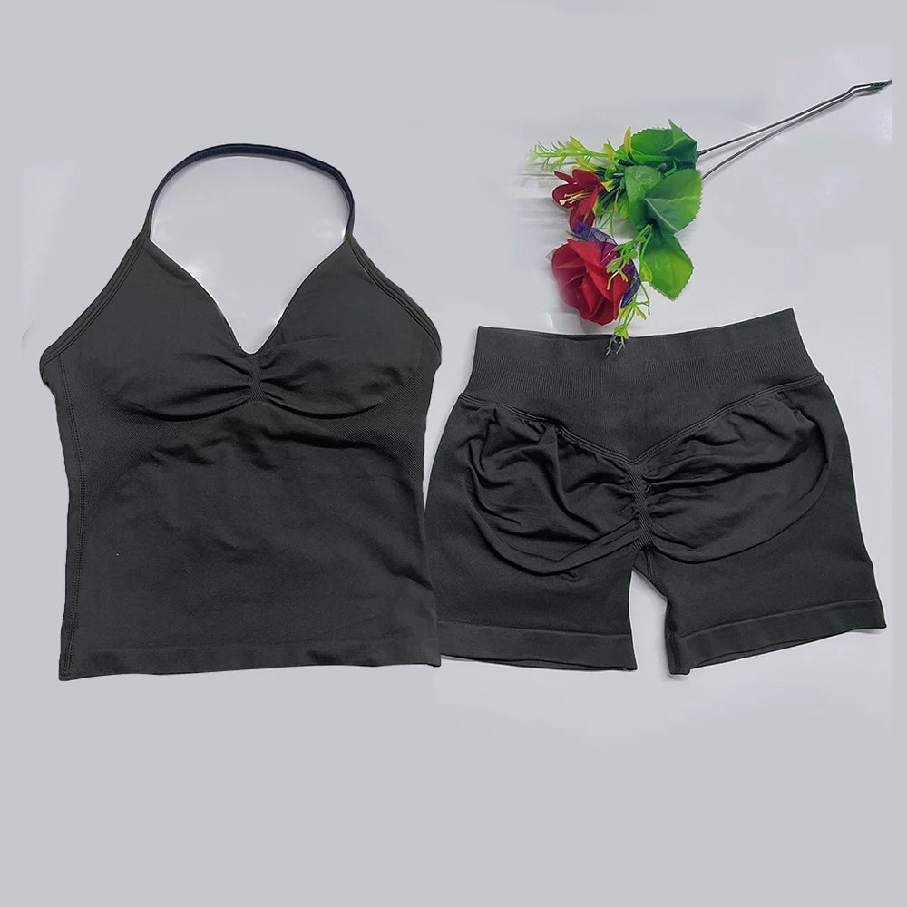 2Pcs Gym Set Yoga Longline Strappy Top and Seamless Scrunch Butt Lifting Short Workout Yoga Set Outfits