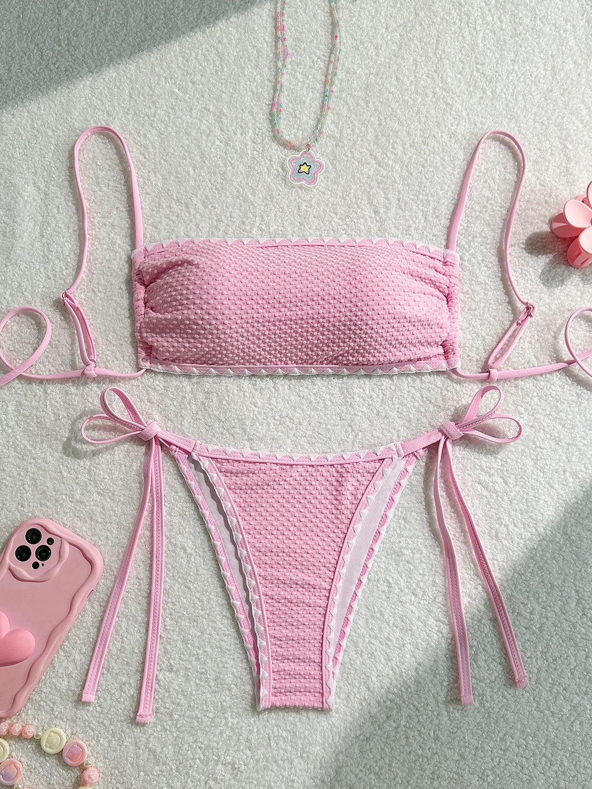 Swimwear White 2 Piece Strapless Swimsuit for Women Sexy Bandeau Backless Bikini Set Lace-up Patchwork Bathing Suit  New