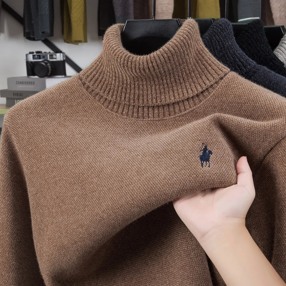 High end brand velvet sweater men's new fashion designer exquisite pony embroidery winter thick warm high neck knitted pullover
