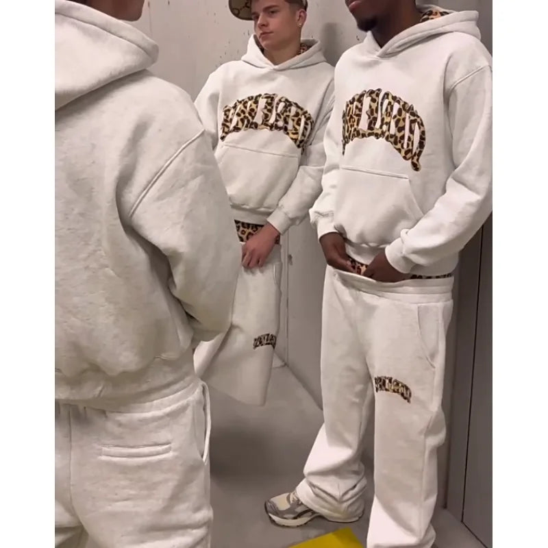 European and American New Trendy High Street Leopard Print Loose Hooded Sweatshirt Casual Stacking Sweatpants