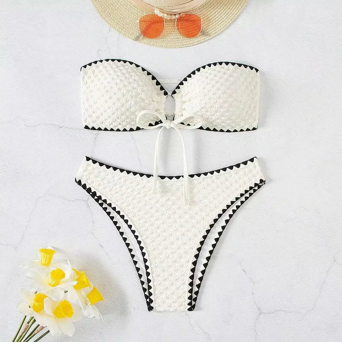 Swimwear White 2 Piece Strapless Swimsuit for Women Sexy Bandeau Backless Bikini Set Lace-up Patchwork Bathing Suit  New
