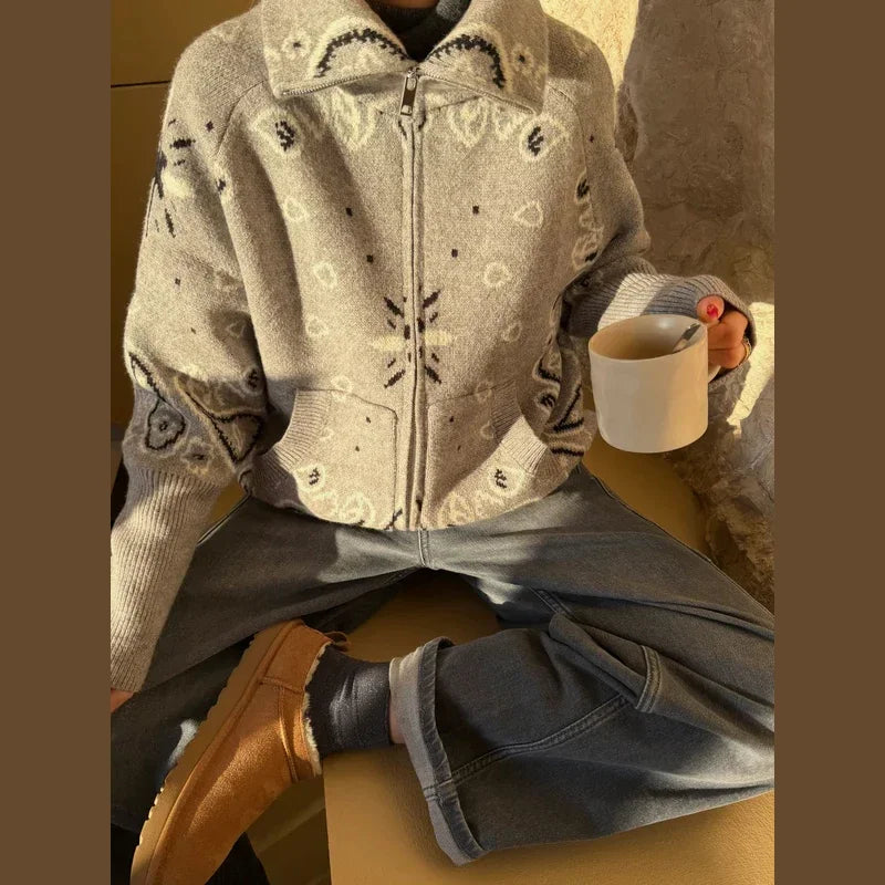 Casual Jacquard Cardigan for Women Loose Stand Collar Zipper Pockets All-match Female Sweater  Spring Thick Warm Knitwear