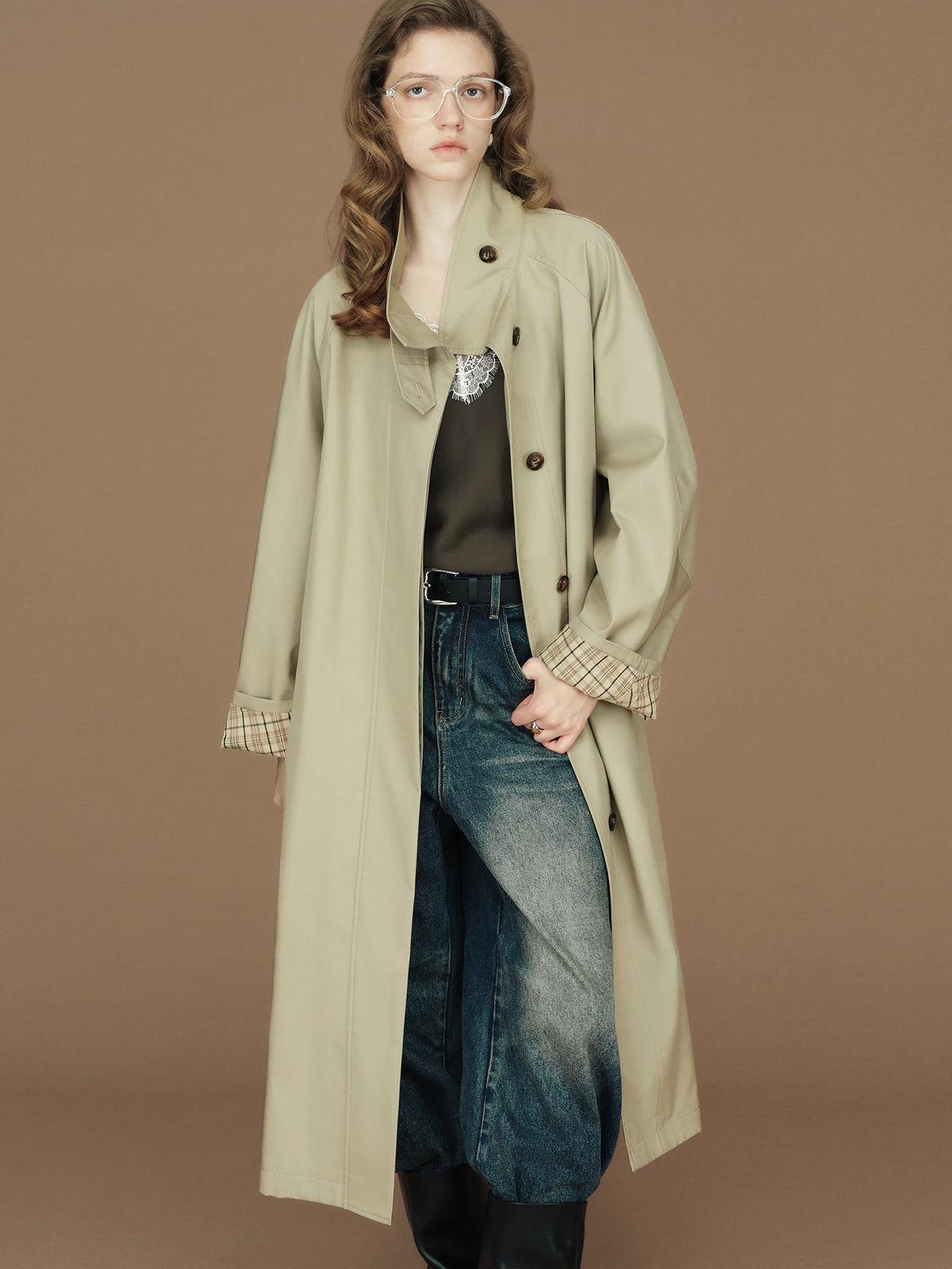 FSLE  Womens British Trench Coat Contrast Cuff Stand Collar Heritage Workwear Style Pink Black Khaki Short Long Trench Coat
