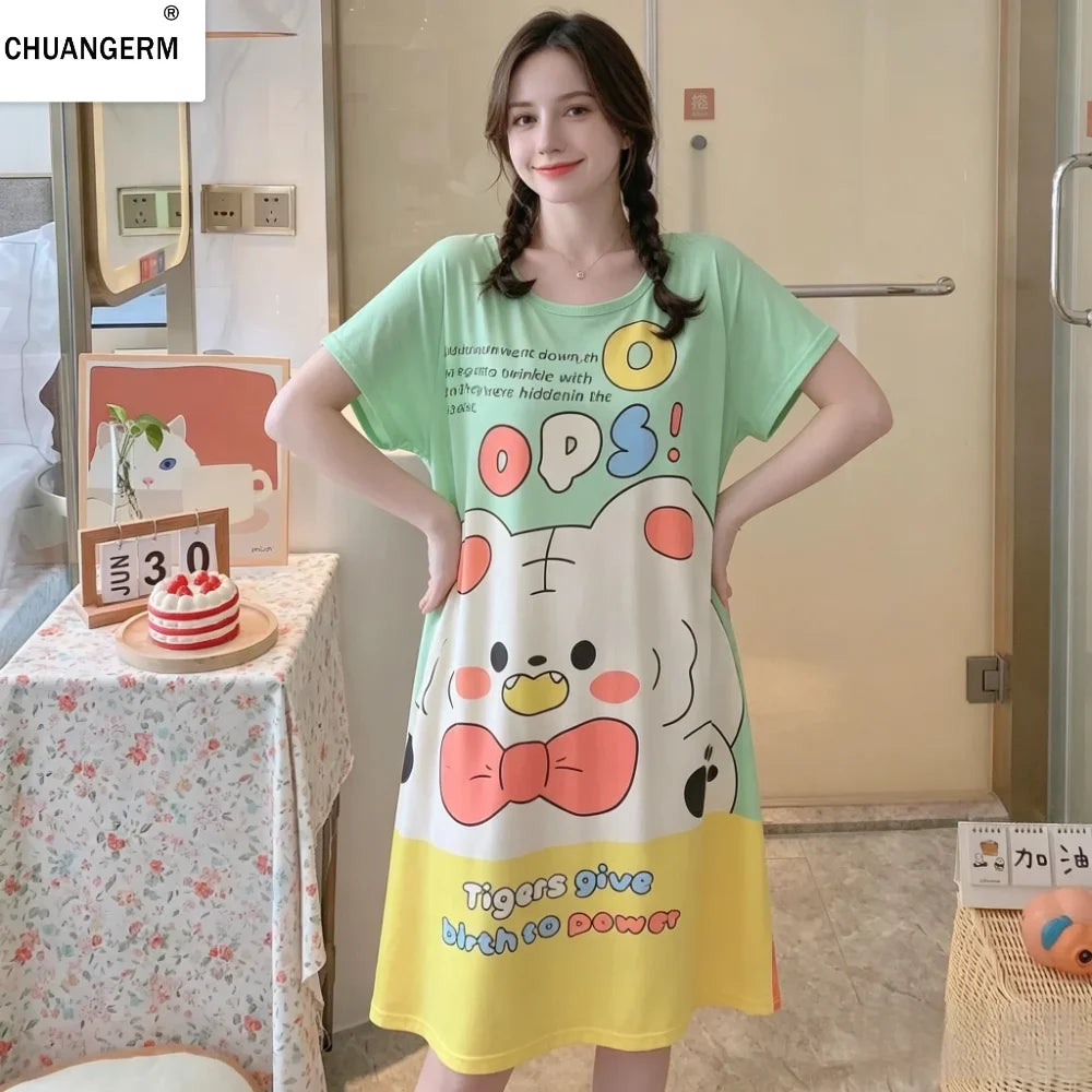 CHUANGERM Girls Women Cute Cartoon Short-Sleeved Pajama Dress Cool Comfortable Home Wear For Summer Autumn