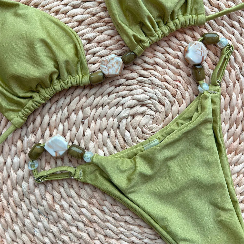 Solid Green Swimwears Sexy Halter Triangle Bead String Bikini Mini Micro Thong Swimsuit Woman  Summer Brazilian Bikinis Sets