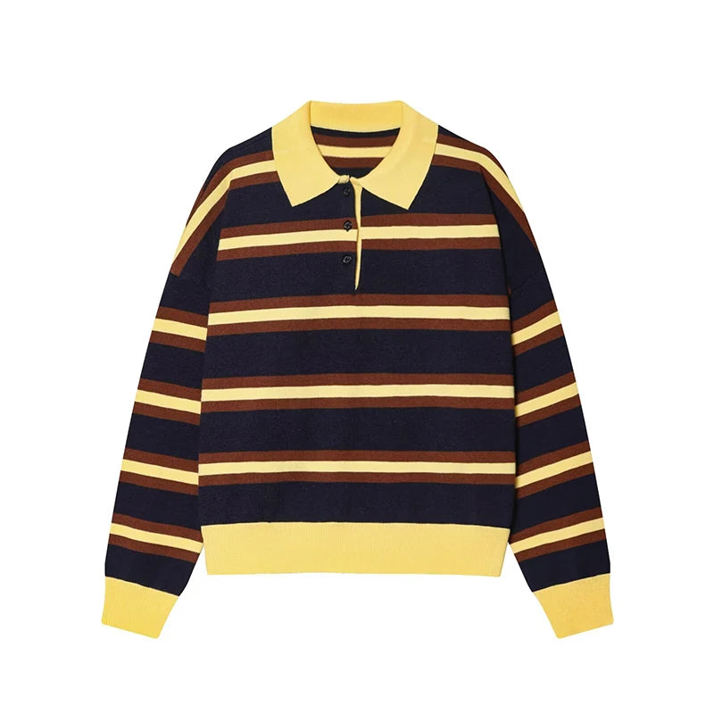 Autumn Women's  New Knitted Striped Sweater Polo Neck Pullover Autumn Fashion Loose Elegant Warm Young Women Sweater Street