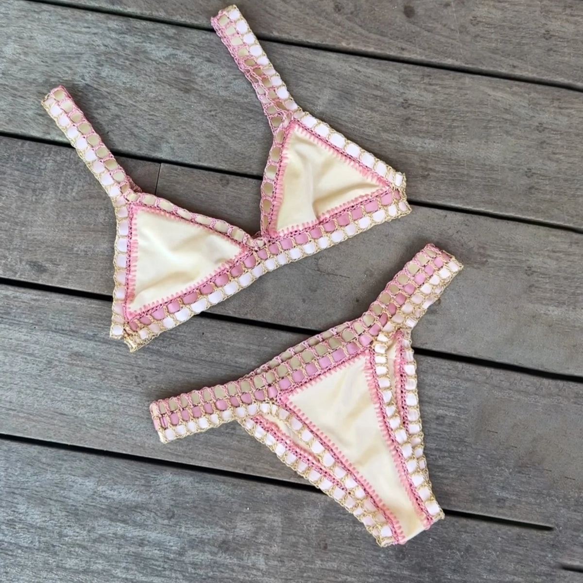 Pink Crochet Bikini  Sexy Women Swimsuit Female Swimwear Micro Bikini Set Bandeau Swimming Suit Beachwear Brazilian Biquini