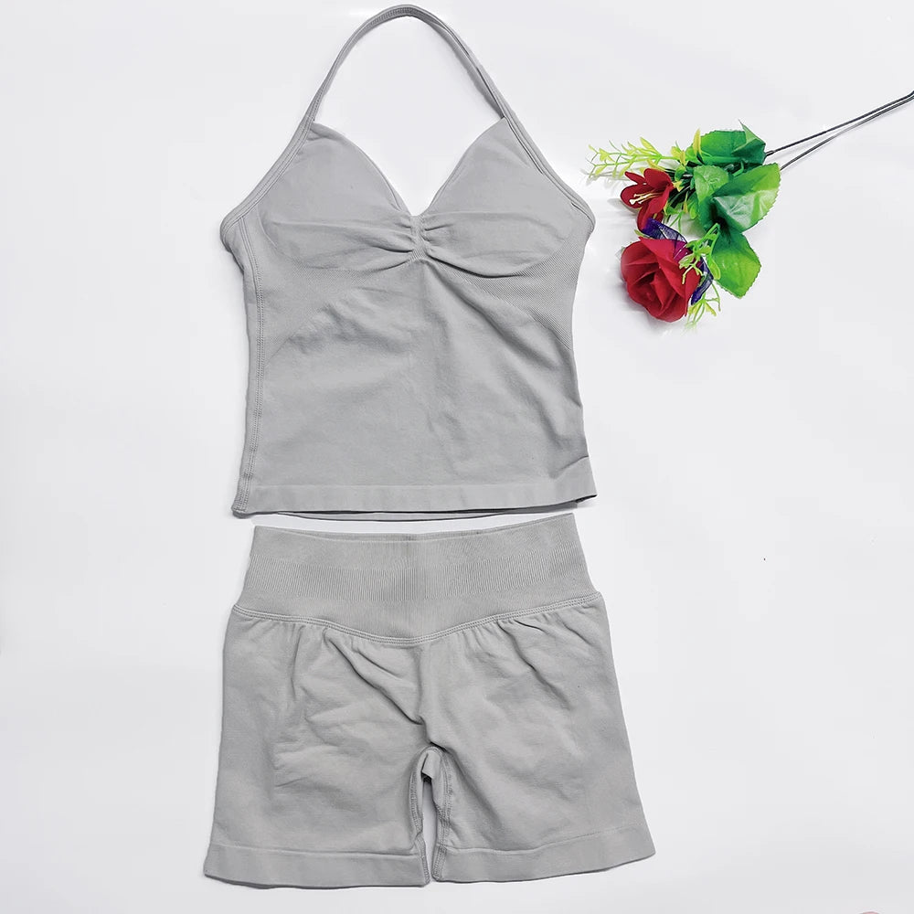 2Pcs Gym Set Yoga Longline Strappy Top and Seamless Scrunch Butt Lifting Short Workout Yoga Set Outfits