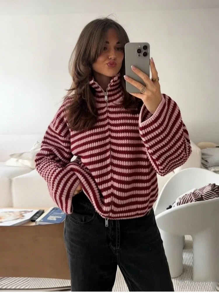 New Spring Striped Loose Knit Cardigans Women Casual Turtleneck Zip-up Pink Sweater Coat Women Knitwear Streetwear