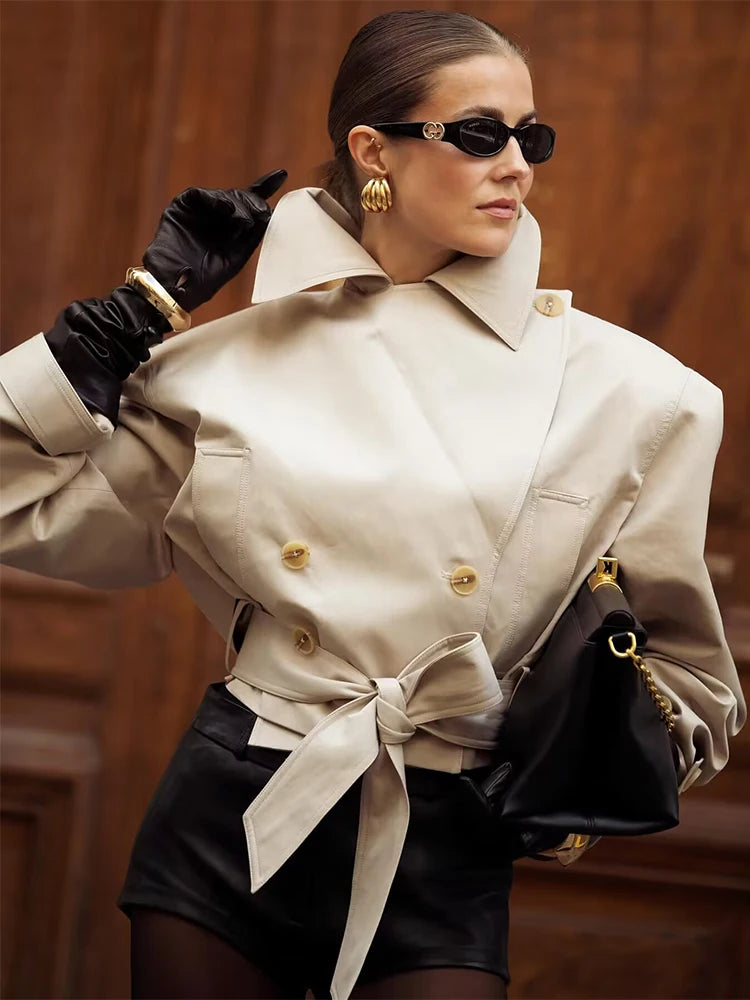 SLTNX  New Women's British Wind Trench Coat Style Double-breasted Long Sleeve Belt Lapel Jacket Short Coat