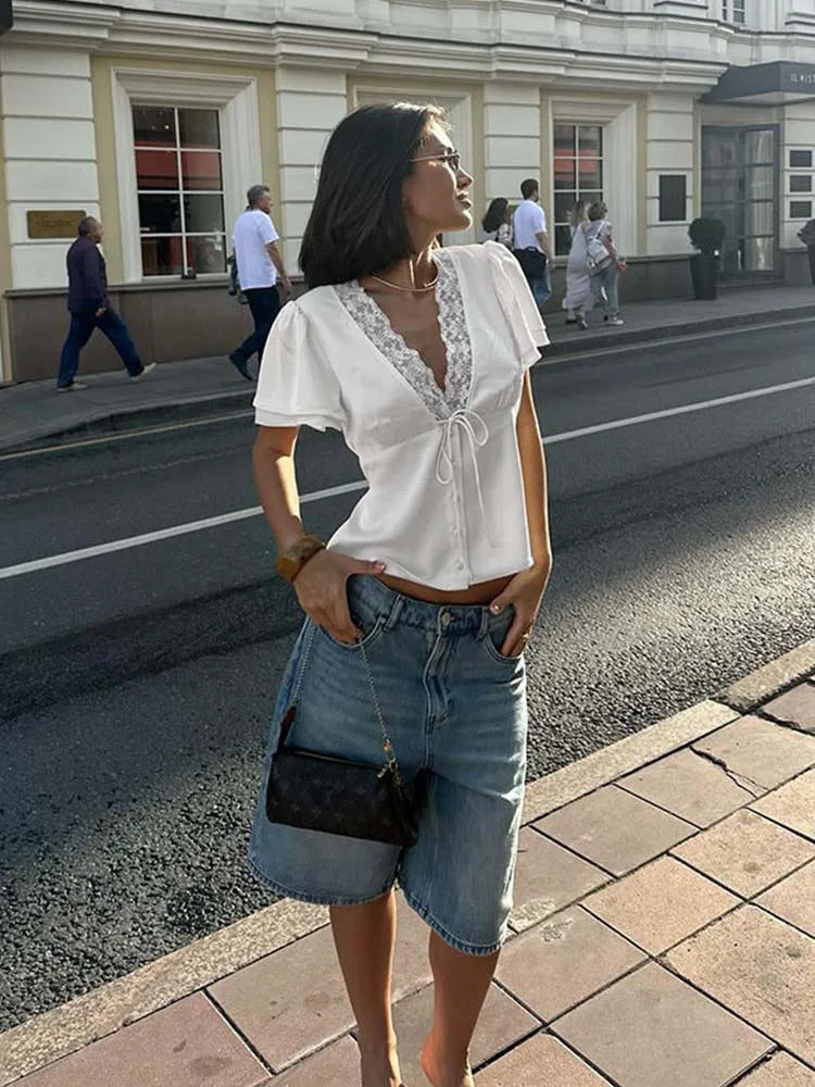 Women Solid Lace Tops V-Neck Short Sleeves Satin Slim Regular Streetwear Tees Female Summer Pure Desire Hot Girl T Shirts