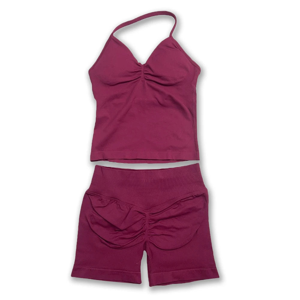 2Pcs Gym Set Yoga Longline Strappy Top and Seamless Scrunch Butt Lifting Short Workout Yoga Set Outfits
