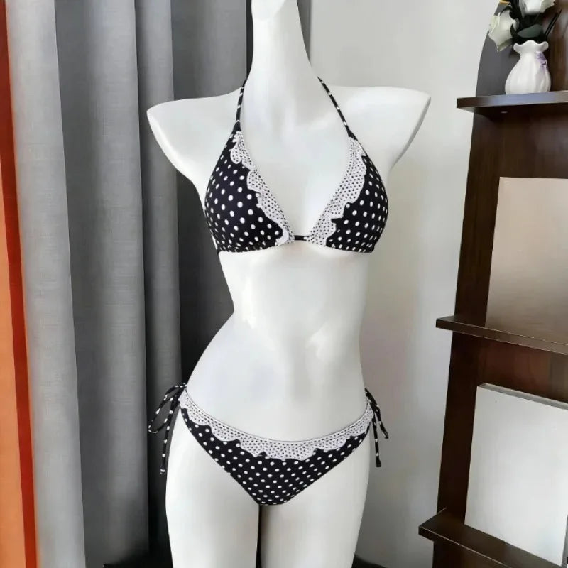 Japanese Style Kawaii Girls Swimsuit Sweet Printed Halter Bikini Swimsuit Women Ruffle Bikini Set Bather Bathing Suit Swim
