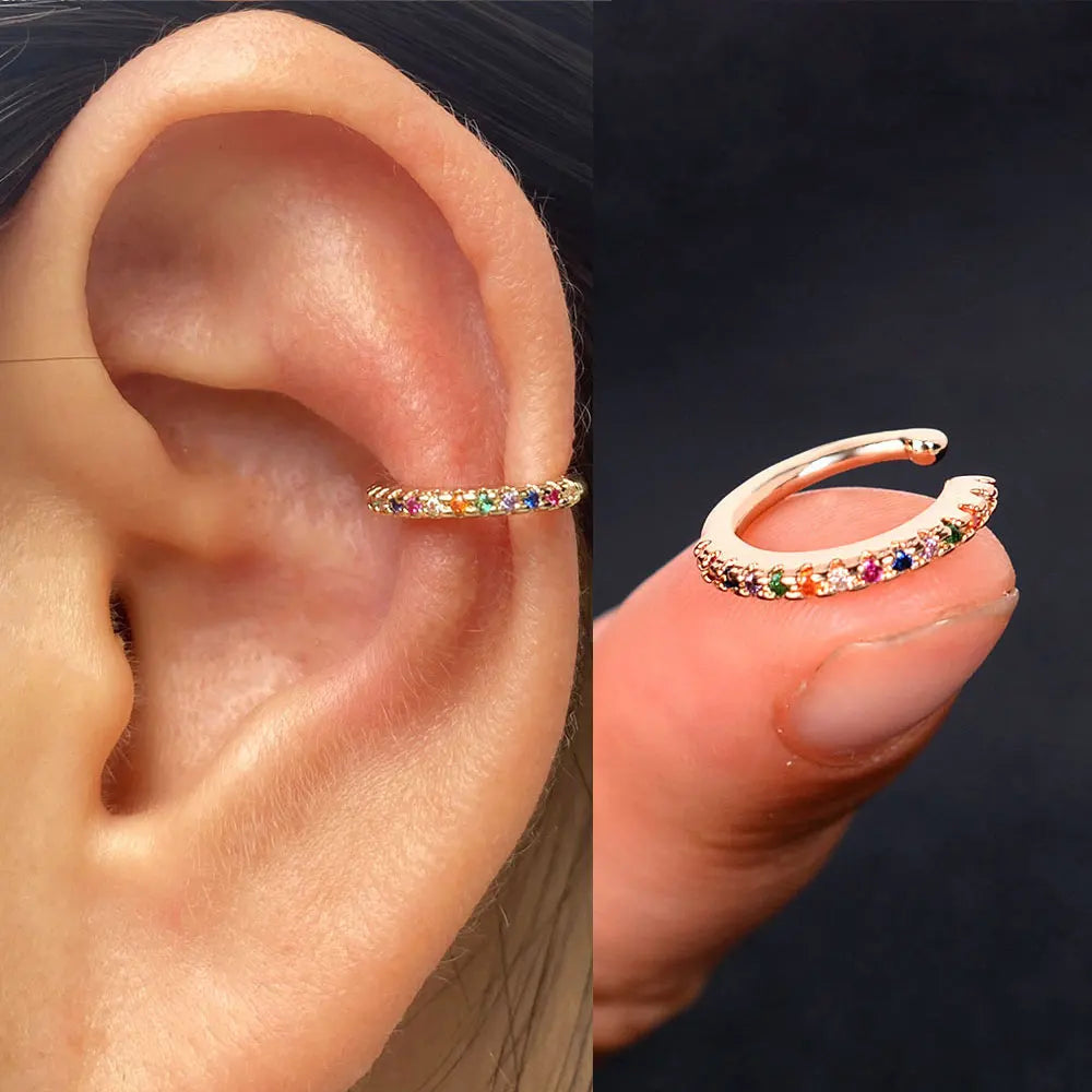 1Piece Geometry Rainbow CZ Cuff Wrap Clip On Earrings Women Girls Climber Ear Cartilage Bone Clips Fake Earring Non Piercing