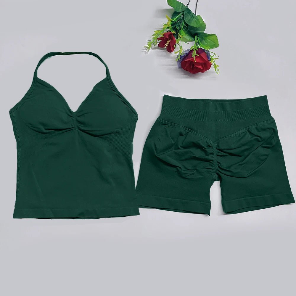 2Pcs Gym Set Yoga Longline Strappy Top and Seamless Scrunch Butt Lifting Short Workout Yoga Set Outfits
